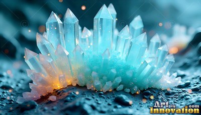 Pointed straight up on dark ground, blue mineral crystals shine with soft orange light