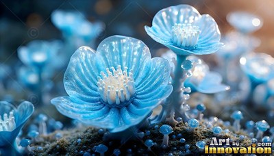 Small pale blue cup-shaped flowers with white centers grow on mossy ground