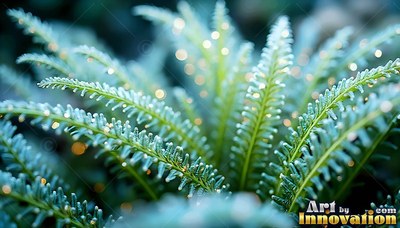 In a dark forest, frosted green fern fronds sparkle with tiny yellow lights