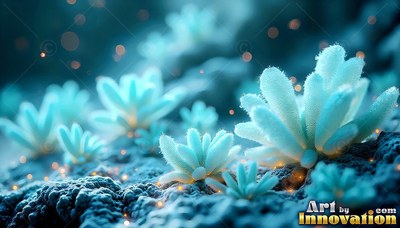 Sprouting from rough blue ground, fuzzy succulent plants open beneath tiny floating sparks