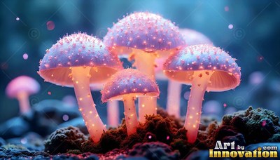 Pink spiky mushrooms shining against a dark blue background