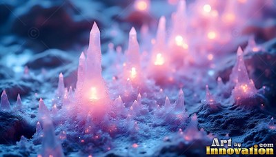 Sharp icy points shine with warm pink light across a dark frozen field