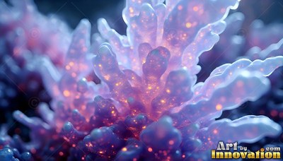 Pink crystal coral branches upward, filled with tiny orange lights inside