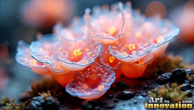 Translucent blue cup-shaped flowers with bright orange centers on dark rocks