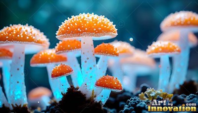 On dark soil, mushrooms with bright orange caps stand on blue stems