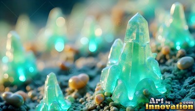 Sprouting from pebbled soil, aqua crystal plants shine with inner blue light