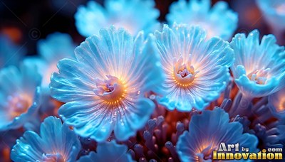 Pale blue flowers with bright orange centers in close up