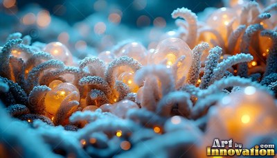 Fro sted white tendrils curve around round yellow bulbs across a blue alien seabed