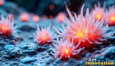 Spiky pink anemones open across wet ground, their centers shining with yellow light