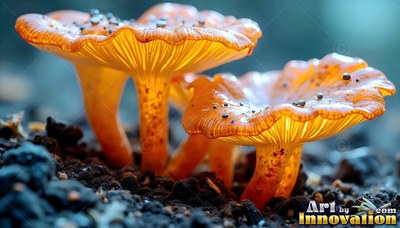 Standing upright in dark soil, orange mushrooms shine with light under their caps