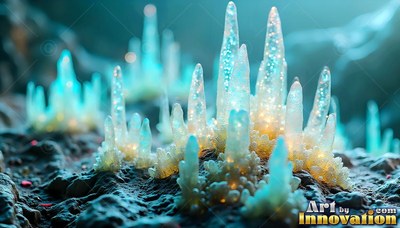 Clusters of blue crystal spires shine with bright specks on dark rock