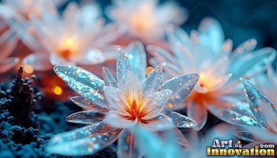 In dark soil, light blue glass flowers open with warm orange centers