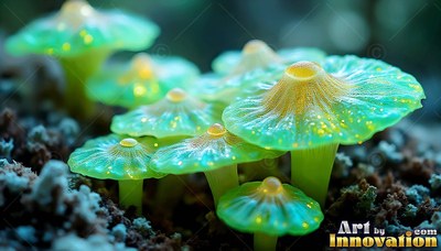 Translucent green caps with bright yellow centers top mushrooms growing in dark soil