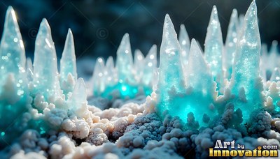 Pointed ice crystals rise from bumpy white ground, shining with bright turquoise light inside
