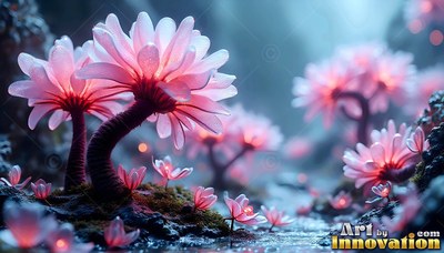 Bending upward from dark ground, pink flowers grow along a misty riverbank