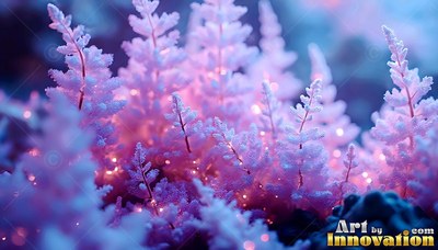 Pale pink frosted fern fronds sparkle with tiny lights on blue ground