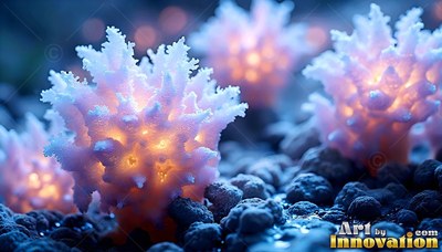 On dark gray gravel, pale spiky coral plants shine with warm yellow light inside
