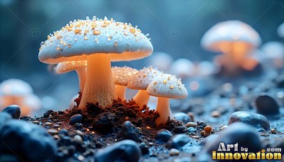 Sprouting from dark soil, pale mushrooms shine with warm light beside small pebbles
