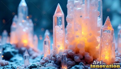 Clear crystal towers lit from inside on blue ground