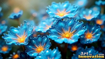 Bright orange centers open inside bright blue flowers clustered in soft light