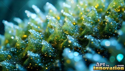 Green moss spires reach upward , covered in shiny dew drops that sparkle blue and gold
