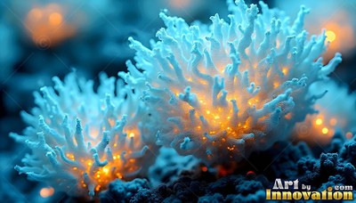 Close up on white coral plants lit from within by yellow light on a dark seabed