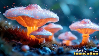 White frosted mushrooms shine with warm orange light in dark moss