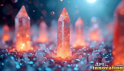 On a dark ground of wet pebbles, tall orange crystals rise into blue light