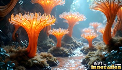 Sprouting beside a shallow stream, bright orange trumpet mushrooms light up a cave