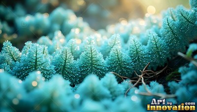 Tiny pale blue pine-like moss plants covered in dew drops under soft light