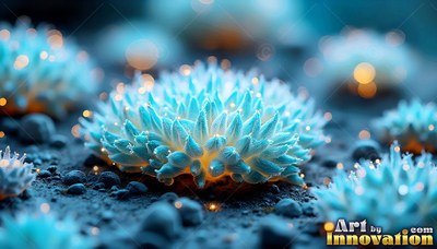 Spiky blue petals tip a low round plant resting on dark soil among soft yellow lights