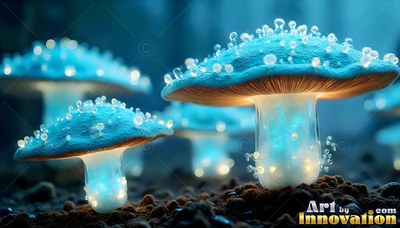 Blue mushrooms grow out of dark soil under bright bead-like drops