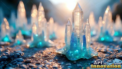 Standing upright on rocky ground, clear crystal towers shine with blue light