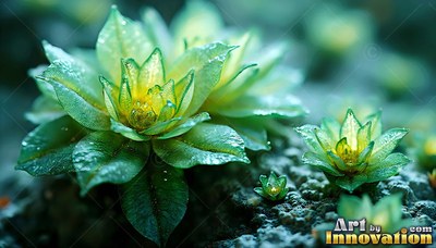 Green crystalline flowers with wet petals rest on rough gray stone