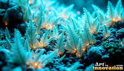 On dark soil, pale blue frosted ferns shine with tiny warm lights at their base