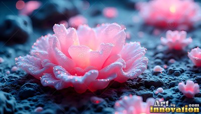 Opening across dark textured soil, a bright pink flower holds tiny drops on its petals