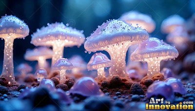 White and purple mushrooms lit from inside on dark soil