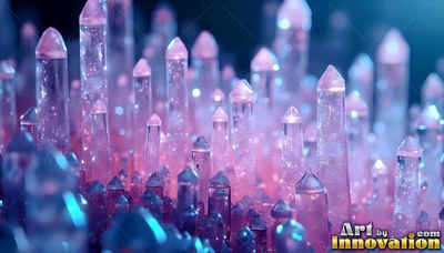 Pointed tips cap tall pink crystals clustered together in soft blue light