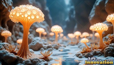 Pale mushrooms grow along a stony stream, lit from inside with warm yellow light