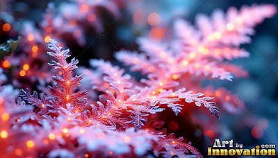 Spreading flat on the forest floor, pink frosted fern leaves shine with orange lights