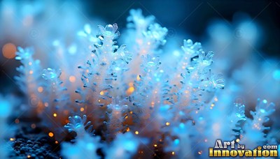 Pale blue crystal sprouts cluster together with tiny warm orange dots