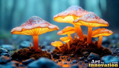 On a dark forest floor, small orange mushrooms shine with warm light under their caps
