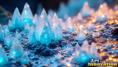 Rising from dark soil, blue crystal sprouts shine under soft warm light