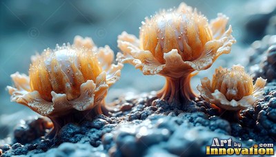 Three brown flowerlike fungi growing on pebbly gray soil