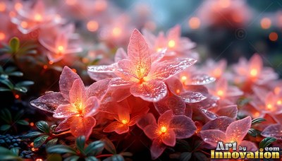 Dewdrops on pale pink petals shine over small flowers with bright yellow centers in a field
