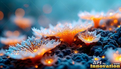 Frosted white fungi open up from bumpy dark ground with bright orange light shining within