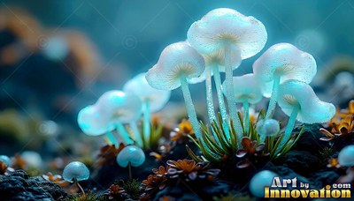 Standing tall from dark soil, pale blue mushrooms shine in cold light