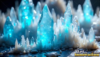 Bright blue ice crystals rise up from snowy white mounds