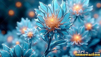 In a soft dark field, pale blue flowers bloom with bright orange centers
