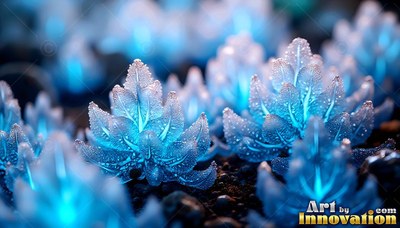 Sprouting from dark soil, icy blue crystal ferns shine with bright veins